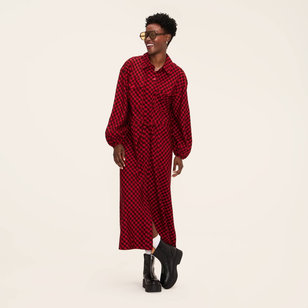 Woolrich x Target L Large Buffalo Check Long Sleeve Utility Midi Shirt Dress NWT - Picture 4 of 13